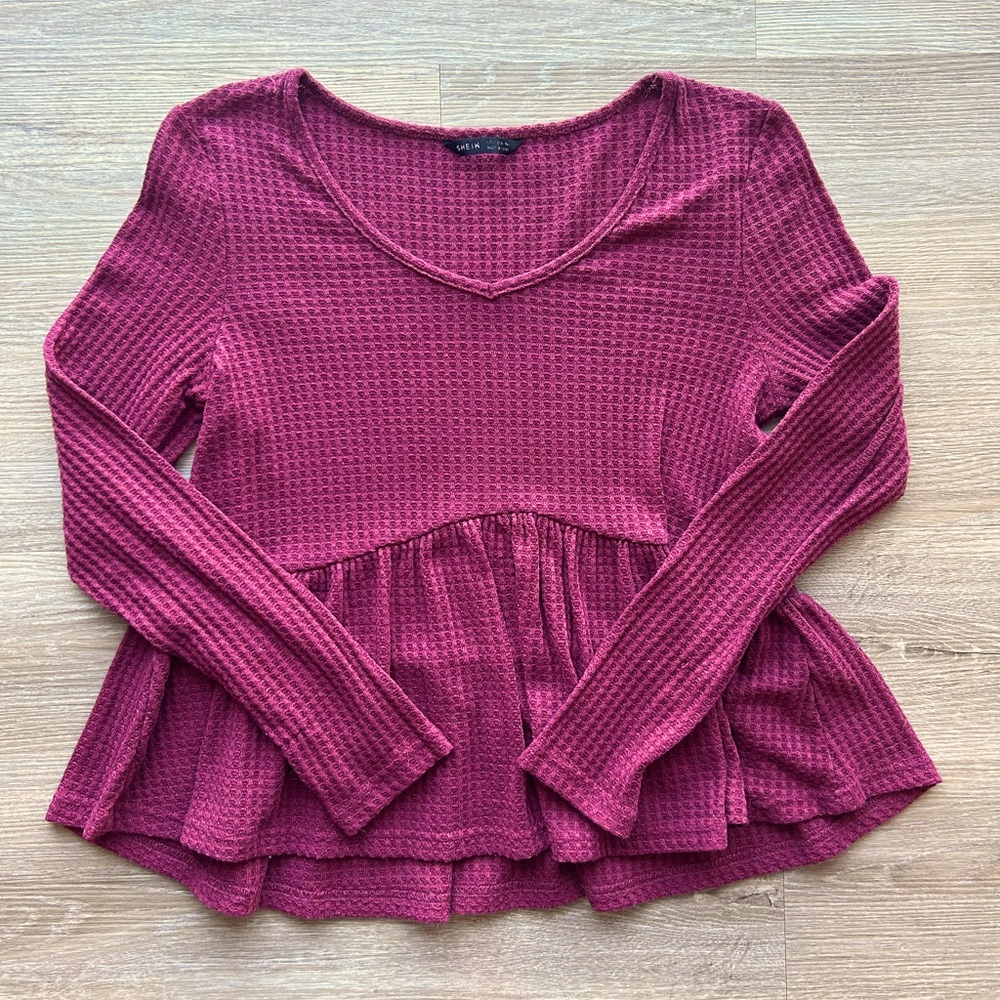 Waffle knit peplum long sleeve blouse, size small